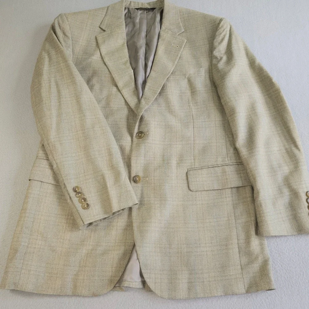 Jos. A. Bank Blazer Mens 40R Beige Silk Wool Glen Plaid Signature Sport Coat